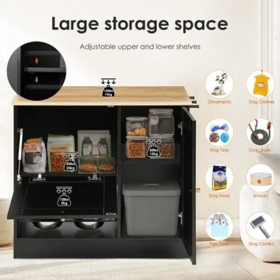 SEVOBAL Pet Bowl Hidden Bowls Feeding Station, Organizational Space for Pet Food and Accessories in Kitchen, Living Room, Black, 38.58"*19.29"*8.27" image {4}