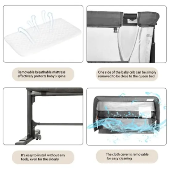 Kinder King Baby Folding Bassinet w/Wheels,Portable Newborn Bedside Sleeper All-Sided Mesh Infant Crib Removable Soft Mattress image {8}