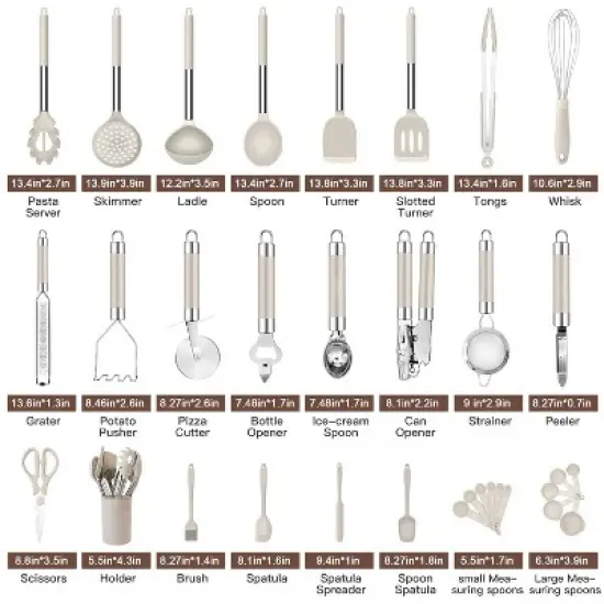 Itopfox 33-Piece Silicone Cooking Utensil Set with Stainless Steel Handles - Non-Stick Kitchen Tools Including Turner Ladle Whisk, Spatula, and More image {3}