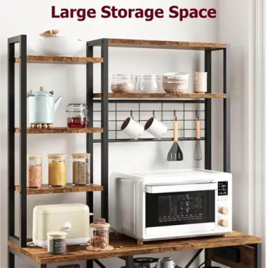 Microwave Stand Bakers Rack, Standing Bakers Rack with Power Outlet, Large Open Storage Shelves, Coffee Bar Kitchen Storage Shelf image {3}