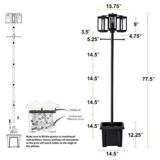 C Cattleya 3-Light 77.5in Black Complete Post Light with Planter and Clear Tempered Glass image {7}