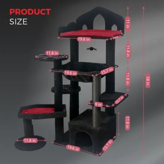 Kumasinova 59" Gothic Style Cat Tree Tower with Coffin Bed,Cat Tower with Scratching Post,Modern Cat Tree Tower with Perches,Unique Cat Furniture image {1}
