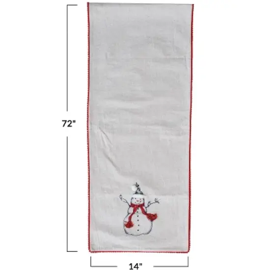 Storied Home Linen Printed Table Runner with Embroidered Snowman and Bird Image, Applique and Pom Pom Trim, Natural, Red and Black image {1}