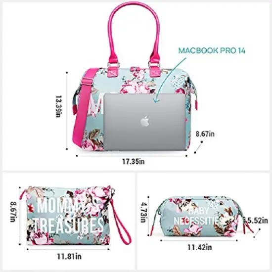 Itopfox Floral Mommy Bag 3-Piece Set, Large Capacity Waterproof Tote for Hospital, Travel, and Daily Use with Organizer Pouches (Blue Floral) image {1}