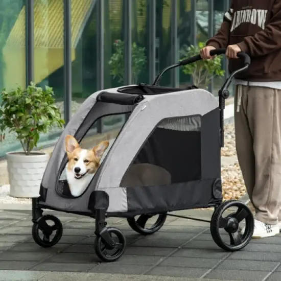 PawHut Pet Stroller Universal Wheel with Storage Basket Ventilated Foldable Oxford Fabric for Medium Size Dogs, Gray image {1}