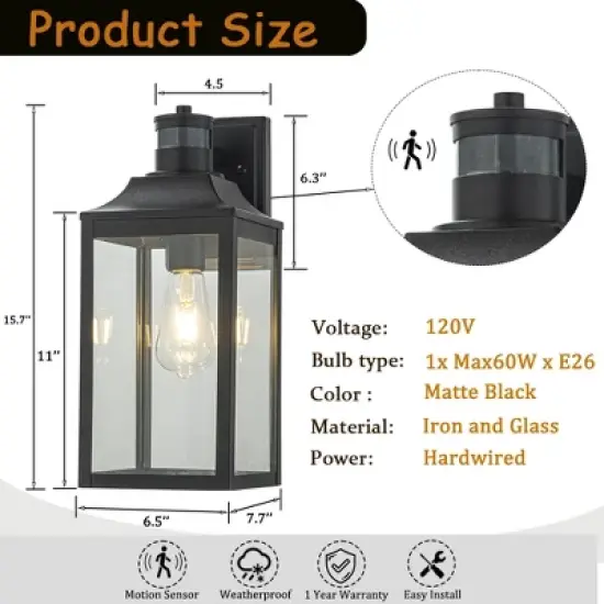 ALOADECOR 1 Light Farmhouse Outdoor Wall Lantern wiht Motion Sensor in Matte Black with Clear Glass for Porch Courtyard (2 Pack) image {2}