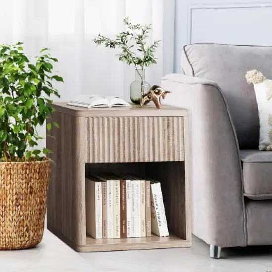 Night Stand Set of 2 With Fluted Drawer Storage End Table, Mid Century Wood Night Stands, Large Modern Farmhouse Nightstand for Bedroom Office image {6}