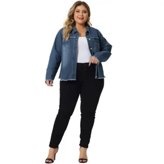 Agnes Orinda Women's Plus Size Button Up Frayed Hem Long Sleeve Casual Jean Jacket image {2}