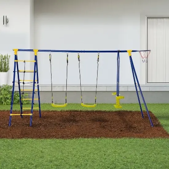 Outsunny Kids Metal Swing Set for Backyard, Outdoor Play Equipment, with Adjustable Swing Seat, Glider, Basket Hoop, Climb Ladder & Rope, A-Frame Stand, for 3-10 Years Old, Blue image {1}