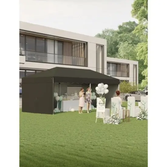 10'x 20' Pop up Canopy Tent, Easy to Set Up and Take Down, Portable Tent with 4Pcs Sidewalls, 12 Stakes & 6 Sandbags for Backyard Wedding Party,Black image {2}