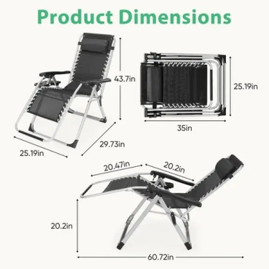 JIONJOY Zero Gravity Folding Lounge Chair - Removable Cushion & Cup Holder Tray, Reclining Patio Camping Chair-Grey image {4}