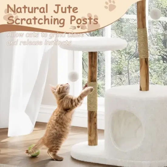 Real Wood Modern Cat Tree Tower, Cat Scratching Post w/Bed for Indoor Cats w/Natural Wicker Condo,Aesthetic Tree Stand,Boho Pet Furniture image {5}