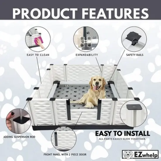 EZwhelp EZclassic 48" x 48" Modular Puppy Dog Whelping Box Playpen with Safety Rails, Washable Pee Pad, and Liner for Small Dogs, Gray Pawprint Pad image {2}