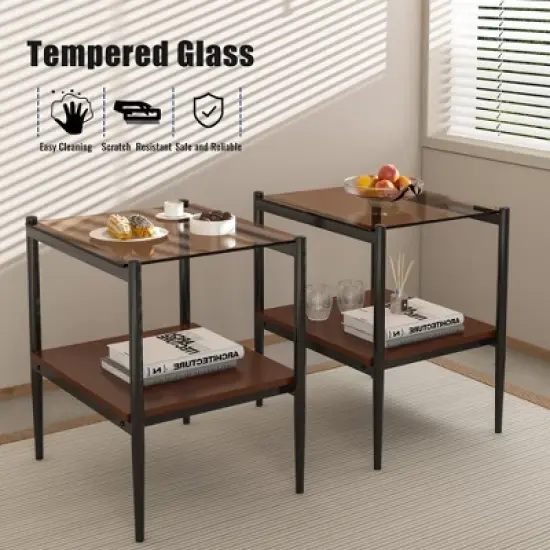 KWPZQEB Set of 2 Rectangle End Table with Tempered Glass Tabletop, Nightstand with 2-Layer Storage Shelves for Small Spaces, Living Room, Bedroom image {4}