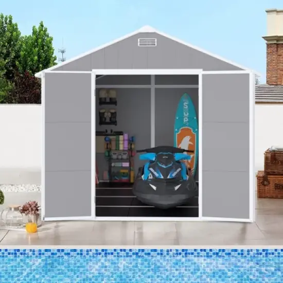 8*8ft resin storage shed, high quality pp material, strong structure, waterproof, rust and UV proof, large storage space, HD window lighting image {11}