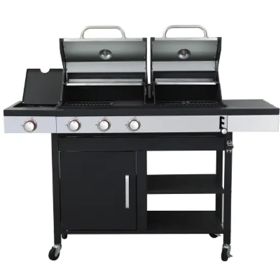 Dolonm 3+1 Hybrid Grill: Gas & Charcoal Combo w/Side Burner, 37,230BTU, Enamel Cast Iron Grids & Lockable Casters (Black) image {2}