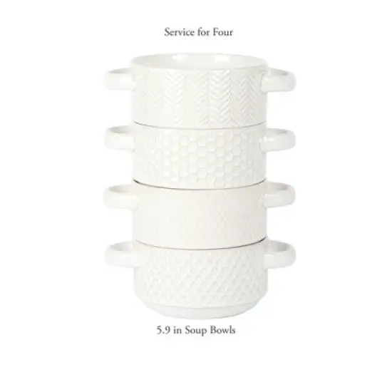 Gibson Elite Oyster Tide Embossed 6 Inch Soup Bowls with Handles. Reactive Glaze Stackable Ceramic Bowl, Set of 4, White image {2}