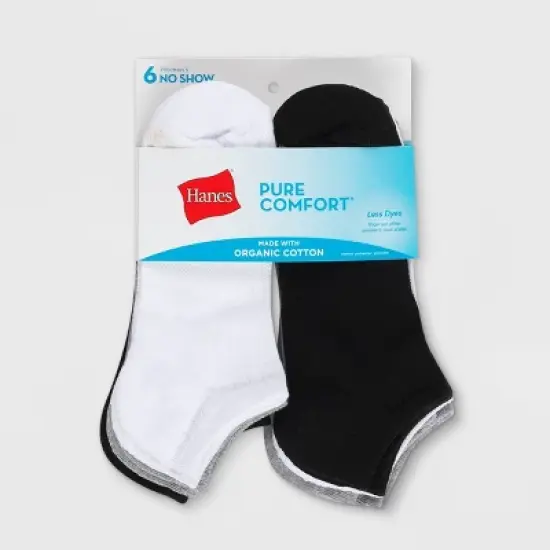 Hanes Pure Comfort Women's Organic Cotton Ribbed 6pk No Show Casual Socks - White/Black/Heather Gray 5-9 image {1}