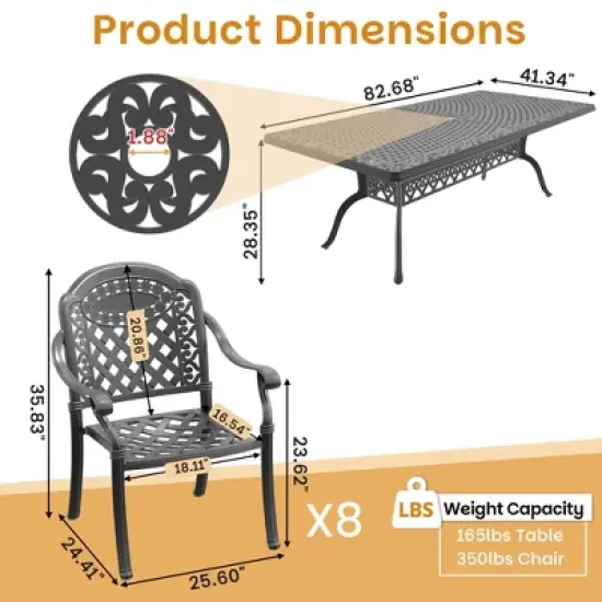 9-Piece Cast Aluminum Outdoor Dining Set with Red Cushions, Rectangle Table & Stackable Chairs - for Patio, Backyard image {3}