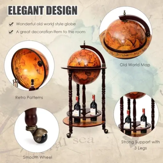 Costway  17.5'' Wood Globe Wine Bar Stand 16th Century Italian Rack Liquor Bottle Shelf image {4}
