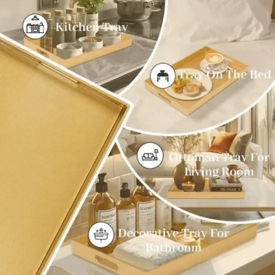 Attop Gold Decorative Tray for Coffee Table Modern Handled Plastic Ottoman Tray 15.8x10.2x1.4inch Bathroom & Living Room Decor image {4}