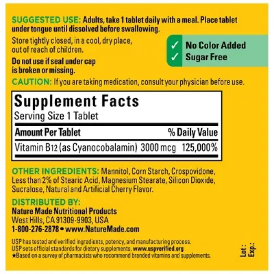 Nature Made Vitamin B12 Sublingual 3000 mcg, Energy Metabolism Support Lozenges - 40ct image {2}