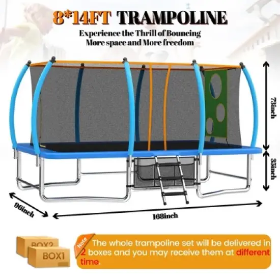 NAYSAYE Trampoline Outdoor Rectangular Trampoline with Safety Enclosure Net for Kids and Adults, Blue, 168.00"*96.00"*107.87" image {4}