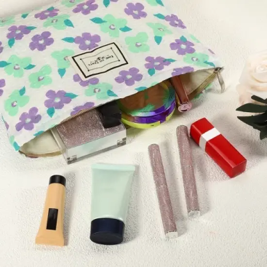 Unique Bargains Large Capacity Canvas Floral Makeup Bag Purple 10.63"x1.97"x8.46" 1 Pc image {4}