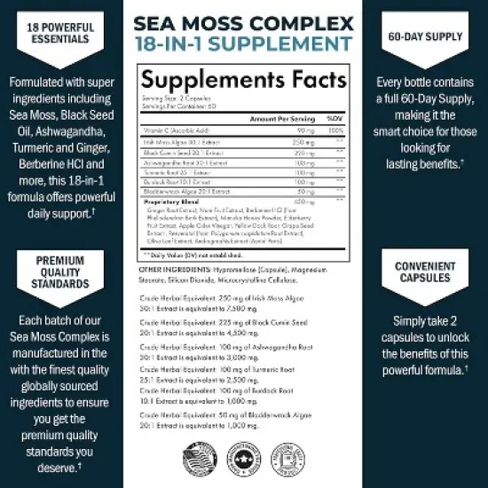 Sea Moss Ashwagandha Black Seed Oil Berberine and Ginger Supplement Capsule, 18 Key Nutrients for Overall Health Support, Bioschwartz, 120ct image {2}