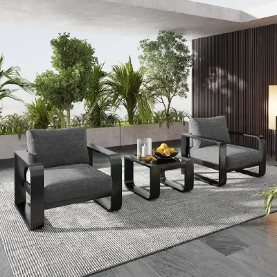 3 Piece Aluminum Outdoor Patio Bistro Set,Olefin Fabric Upholstered Arm Chairs Set of 2 with Coffee Table,Metal Garden Furniture Sets-Coolbibila image {2}