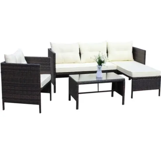 FIONECA 4-Piece Outdoor Patio Wicker Conversation Set, Rattan Sectional Sofa with Beige Cushions & Coffee Table image {7}
