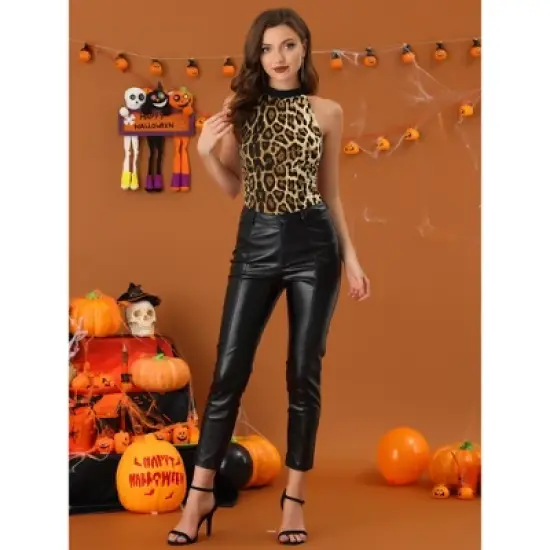 Allegra K Women's Halter Neck Sleeveless Stretchy Ruched Waist Animal Print Tank Tops image {2}