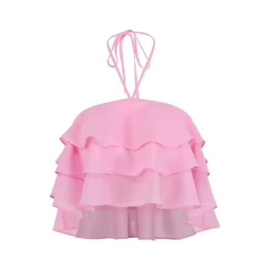 Women's Tiered Ruffle Cropped Halter Top - Begonia Pink image {5}