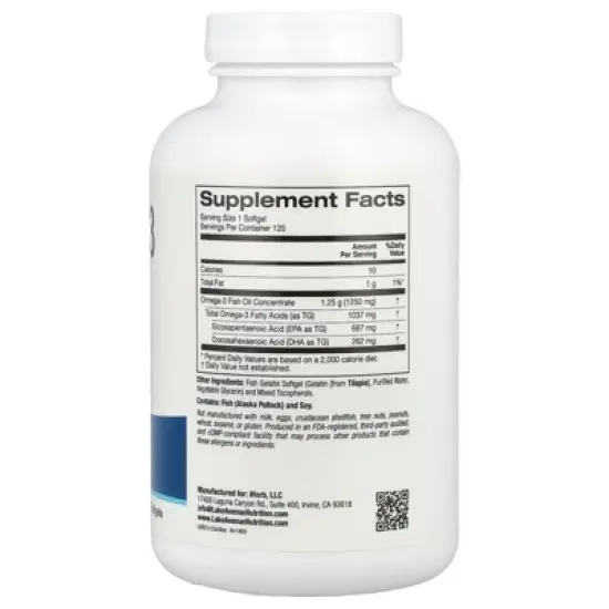 Lake Avenue Nutrition Omega-3 Fish Oil, 120 Fish Gelatin Softgels (1,250 mg per Softgel) image {1}