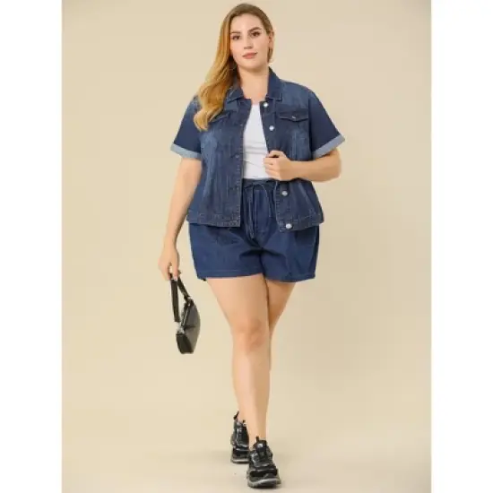 Agnes Orinda Women's Plus Size Denim Button Front Crop Short Sleeve Trucker Jean Jackets image {2}