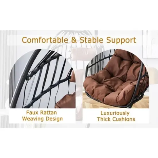 FIONECA Indoor/Outdoor Egg Swing Chair with Stand &uml;C Gray Wicker Hanging Hammock Chair with Rope Back, Cushion & Cover image {10}