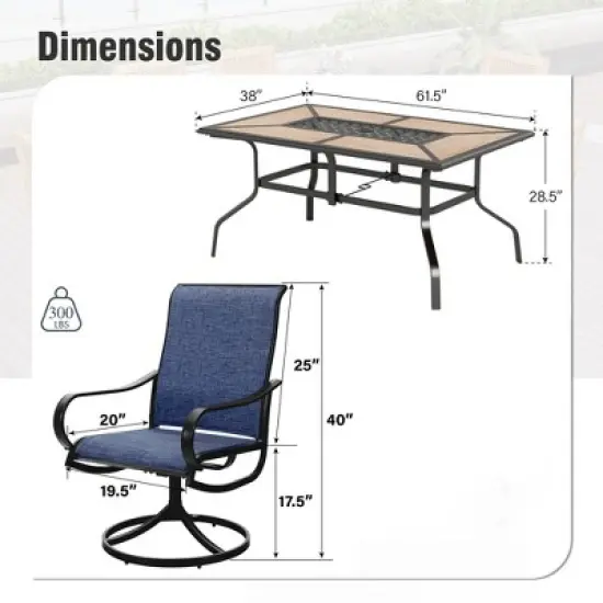 Captiva Designs 7pc Patio Dining Wood-look Rectangle Steel Frame Table & Textilene Swivel Chairs image {10}