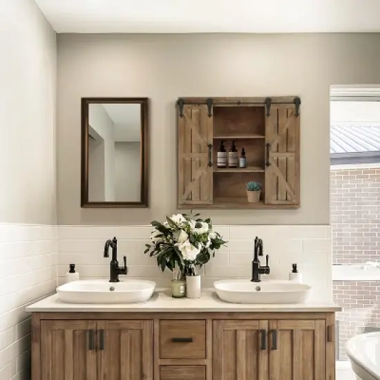 LuxenHome Farmhouse Wood Sliding 2-Door Wall Storage Cabinet image {8}