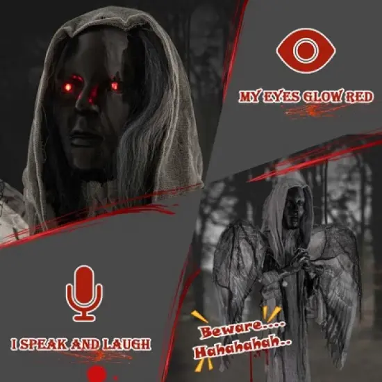 Costway 5.5ft Halloween Animatronic Decoration Animated Praying Angel Statue with Light Up Eyes & Shaking Wings image {2}