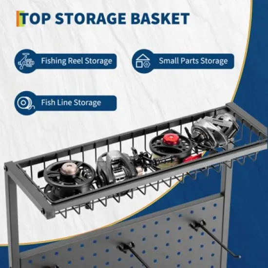 Fishing Rod Holders for Garage, Fishing Rod Storage Rack with Hooks & Wheels, Baker's Racks, Fish Pole Stand Organizer with Pegboard for Fishing Gear image {2}