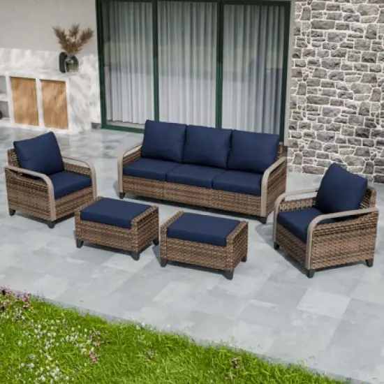 EAGLE PEAK Wicker Patio Conversation Set, 2 Chairs, 3-Seat Loveseat and 2 Ottomans, 5 Pieces image {9}