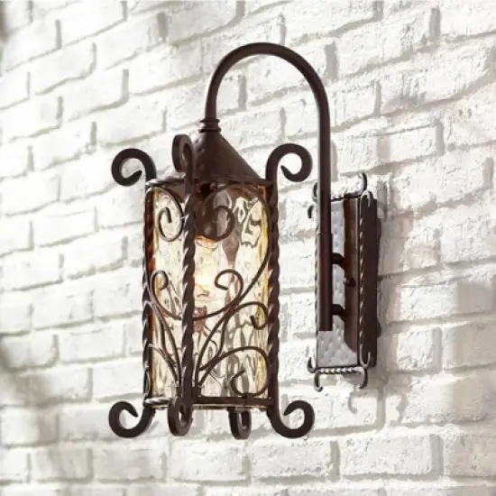 John Timberland Casa Seville Vintage Rustic Outdoor Wall Light Fixture Dark Walnut Scroll 18 1/2" Champagne Hammered Glass for Post Exterior Barn Deck image {8}