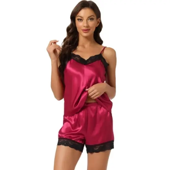 Allegra K Women's Satin Lace Trim Cami Tops with Shorts Lounge Pajama Set image {14}