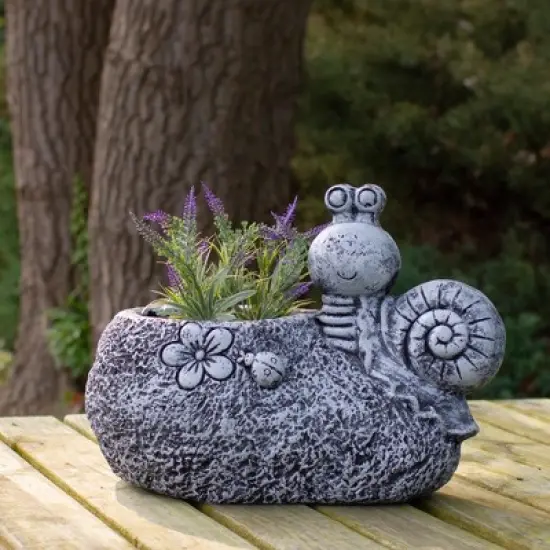 Northlight 15.5" Gray Snail, Flower, and Ladybug Outdoor Garden Planter image {1}