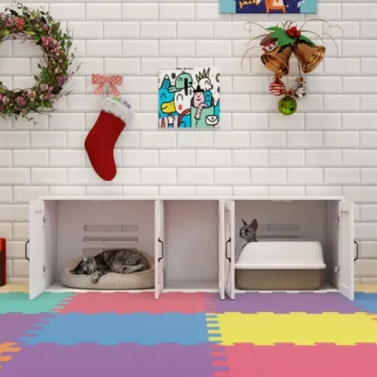 Chery Life White 59.05"L x 17.71"W x 18.89"H Modern Wooden Cat Box Furniture with Double Room, Giving Cats The Greatest Privacy Space image {2}