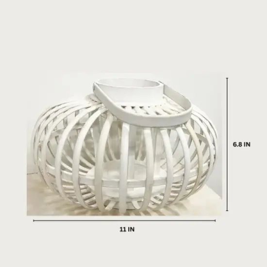 Essential Decor & Beyond 6.8" White Wash Bamboo Glass Candle Holder Tabletop Lantern With Handle image {1}