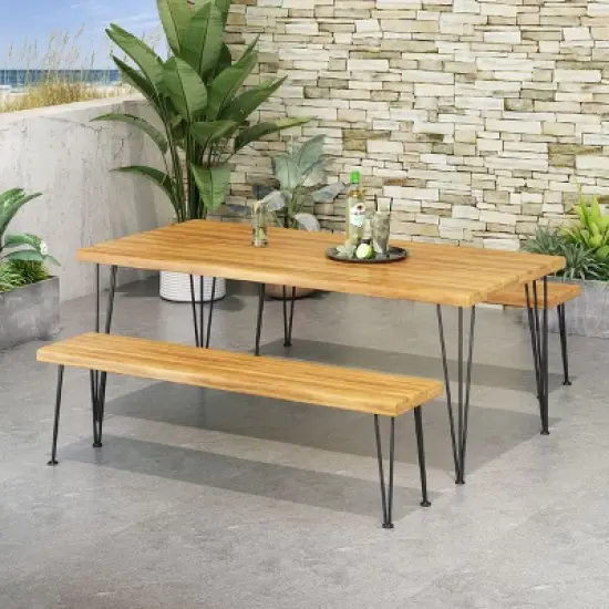 Christopher Knight Home Zion Outdoor Modern Industrial Acacia Wood 3 Piece Picnic Set with Hairpin Legs, Teak and Rustic Metal image {4}