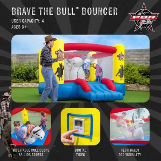 Bestway PBR Brave the Bull Indoor or Outdoor Inflatable Kids Bounce House with Digital Timer, Ground Stakes, Storage Bag, & Air Blower for Quick Setup image {2}