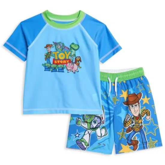Disney Pixar Toy Story Alien Rex Slinky Dog Woody Baby Pullover Rash Guard and Swim Trunks Outfit Set Infant to Little Kid image {8}