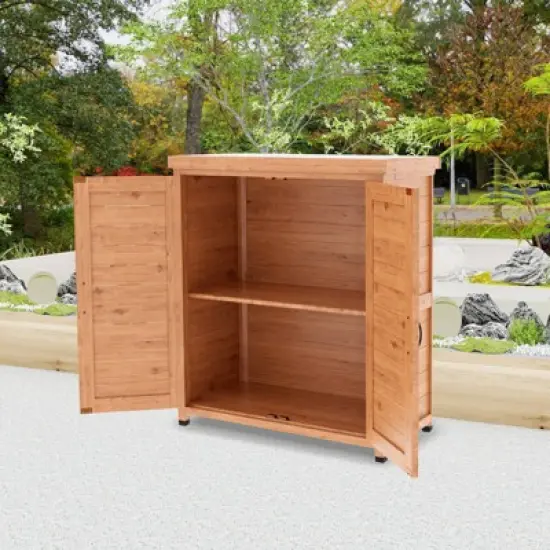 WELLFOR Outdoor Potting Bench with Storage Cabinet and Metal Table Top Light Brown image {1}